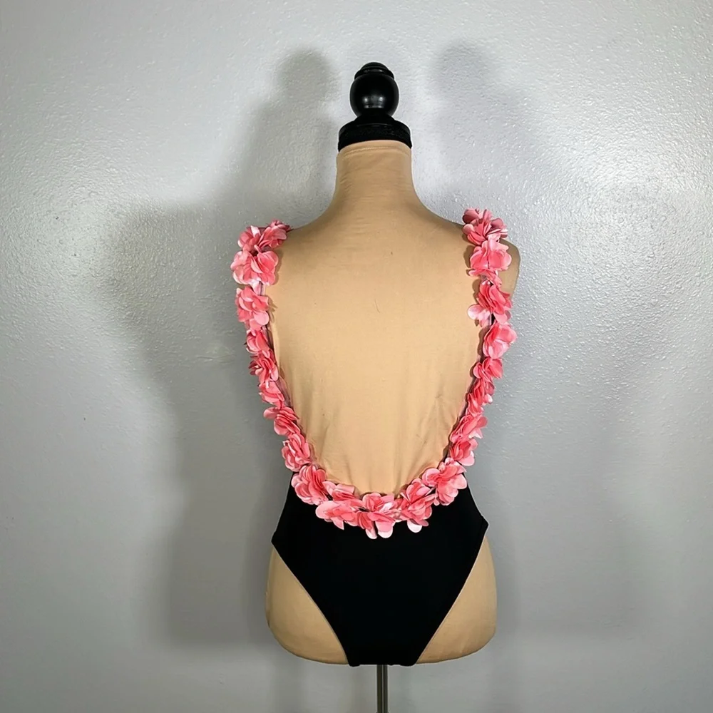 Black pink floral appliqué Scoop Back OnePiece cheeky Swimsuit S coquette resort - Picture 6 of 11